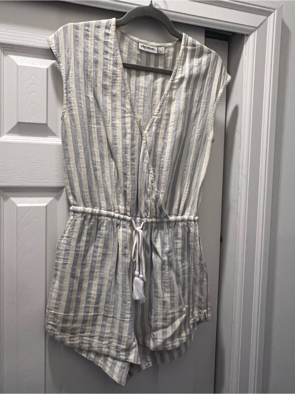 Rhythm. Cream and Light Blue Striped Sleeveless Romper with Drawstring
